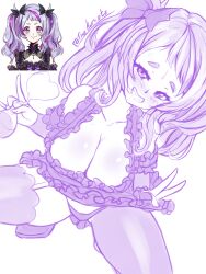 1girls cleavage dress dress_lift fanart female female_only flask grin large_breasts looking_at_viewer monochrome nymphaaea panties potion simple_background solo the_kurieta v virtual_youtuber white_background witch