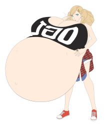 1girls ann_takamaki belly big_breasts blue_eyes breasts cleavage female hyper_pregnancy massive_belly massive_breasts persona persona_5 pregnant saburox sweat twintails