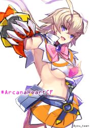 1girls :d amanohara_minori antenna_hair arcana_heart armpit_peek belt big_breasts blonde_hair blue_belt bow breasts brooch busty capelet copyright_name cowboy_shot female female_only gauntlets highres jewelry large_breasts long_hair looking_at_viewer navel oerba_yun_fang open_mouth orange_skirt pink_bow purple_eyes razu_(rus) revealing_clothes sideboob simple_background skirt smile solo standing toned twitter_username underboob white_background white_capelet