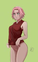 aldwelter almost_naked bare_arms bare_legs bare_shoulders bare_thighs bottomless bottomless_female female female_only green_eyes half-dressed legs_together long_hair mostly_clothed naruto naruto_(series) naruto_shippuden nervous nervous_face nervous_sweat no_panties nopan partially_clothed pink_hair sakura_haruno shirt shirt_only shoulder_length_hair sleeveless sleeveless_shirt solo solo_focus standing sweat sweatdrop