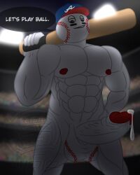 atlanta_braves ball balls baseball big_balls big_penis black_eyes cum dialogue english_text homer_the_brave hyper hyper_balls hyper_penis iwtbat_(artist) male mascot muscles muscular muscular_male pecs penis precum red_pecs simple_background solo_male tagme veiny_penis white_body white_scales