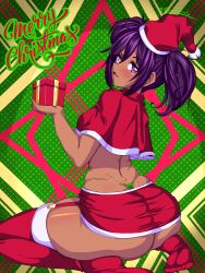 1girls ass capelet christmas_present dark-skinned_female fanart female female_only from_behind garter_belt hat heterochromia holding looking_at_viewer merry_christmas no_shoes panties purple_eyes purple_hair santa_costume santa_hat seiza sitting solo the_kurieta thighhighs thong twintails virtual_youtuber yellow_eyes yokomara_yuziko