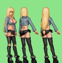 3girls ass big_breasts blonde_hair blue_eyes boots green_background jacket large_breasts loincloth long_hair multiple_girls neckline parasite_in_city partially_clothed pixel_art stockings thighhighs torn_legwear