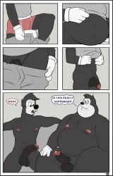 2022 2boys absurd_res anthro balls belly big_belly bulge canid clothing comic disney duo english_text erect_penis erection felid gay gendomx genitals goof_troop hi_res humanoid_genitalia humanoid_hands humanoid_penis male male/male male_only mammal max_goof moobs nipples overweight overweight_male penis pj_(goof_troop) text undressing