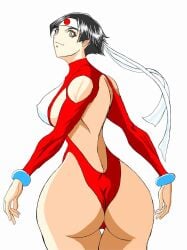 1girls ass big_ass big_breasts black_hair breasts busty female female_only headband highres huge_ass kotobuki_makoto large_breasts leotard looking_back mach_breakers short_hair sideboob smile voluptuous