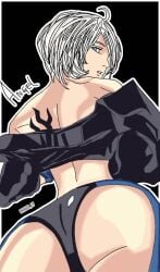 1girls angel_(kof) ass big_ass blue_eyes darkuro_27 dat_ass female female_only grey_hair hair_over_one_eye huge_ass jacket jacket_partially_removed king_of_fighters looking_at_viewer looking_back short_hair snk solo voluptuous