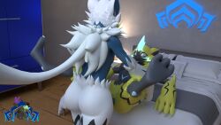 3d 3d_(artwork) alternate_version_available bed black_fur blender_(software) blue_eyes digital_media_(artwork) furry game_freak indoors missionary_position ninja-max nintendo open_mouth penetration pokemon shiny_zeraora spread_legs vaginal_penetration white_fur yellow_body yellow_fur zeraora