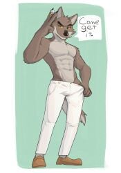 abs anthro athletic athletic_male bulge canid canine canis clothed dreamworks fur furry grey_body grey_fur half-closed_eyes jrjresq looking_at_viewer male male_focus male_only mammal mr._wolf_(the_bad_guys) muscular muscular_male pants pecs penis_outline ring shirtless shoes smiling text the_bad_guys topless white_clothing white_pants wolf wolf_ears wolf_tail yellow_sclera