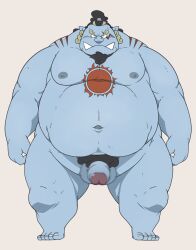 2022 anthro balls beard belly big_belly blue_body censored facial_hair fish-men_(one_piece) flaccid genitals humanoid_genitalia humanoid_hands humanoid_penis jinbe kemono male male_only marine moobs navel nipples nude one_piece overweight overweight_male penis simple_background solo taro_heppoko