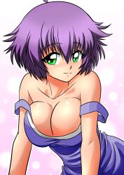 1girls artist_request bare_shoulders big_breasts breasts busty cleavage dress female female_only green_eyes highres large_breasts leaning_forward looking_at_viewer original purple_hair sensual short_hair smile solo yukino_akaihi yukino_memories