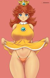 1girls big_breasts blue_eyes breasts brown_hair busty child_bearing_hips chronosth1 clothes_lift crown dress dress_lift earrings female female_only flower_earrings gummslime highres jewelry large_breasts legs lifted_by_self lipstick looking_at_viewer makeup mario_(series) mario_tennis navel nintendo presenting princess princess_daisy short_hair skirt skirt_lift smile thick_thighs thighs thong voluptuous