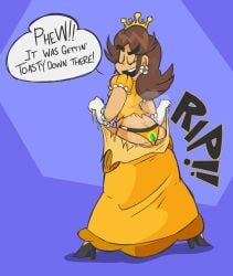 1girls ass_cleavage big_ass brown_hair butt_crack crown dress earrings eddy_spugeddy female female_only flower flower_earrings heels mario_(series) nintendo princess_daisy ripped_clothing solo sweat sweating sweaty underwear