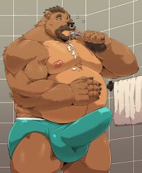 2022 absurd_res anthro balls_outline beard belly big_belly black_nose brown_body brown_fur brush brushing brushing_teeth bulge clothed clothing erection erection_under_clothing facial_hair facial_piercing fur genital_outline hi_res humanoid_hands jumperbear kemono male male_only mammal moobs nipples nose_piercing nose_ring overweight overweight_male penis_outline piercing solo ursid