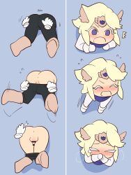 anus ass balls blonde_hair blue_background blue_eyes blush censored chibi cookie_run cookie_run_kingdom covering_mouth disembodied_hand exposed_ass eyelashes femboy forced front_view madeleine_cookie male male_focus pants_down partially_clothed penis rear_view simple_background small_penis stuck stuck_in_wall surprised sweat tears through_wall