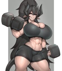 1girls abs absurdres bike_shorts black_gloves black_hair black_horns black_tail breasts cassandra_asmolith_(cass_sakyubasu) cassandra_sakyubasu curvy demon_girl demon_horns demon_tail dumbbell eyebrows female fingerless_gloves gloves highres horns huge_breasts impossible_clothes large_breasts long_hair muscular_female navel original pointy_ears ponytail red_eyes roadi3 short_shorts shorts simple_background skin_tight smile solo sports_bra sportswear strong tail thick_thighs thighs tight very_long_hair weightlifting wide_hips