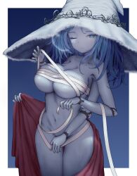 4_arms bandages big_breasts blue_eyes blue_hair blue_skin bottomless cleavage convenient_censoring cracked_skin doll_joints elden_ring female female_only fromsoftware long_hair looking_at_viewer multi_arm multi_limb ojoniiart one_eye_closed ranni_the_witch sarashi solo sweat underboob witch_hat