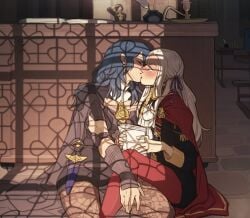 1boy 2girls arm_guards big_breasts blonde_hair blue_hair blurry blush book byleth_(fire_emblem) byleth_(fire_emblem)_(female) candle candlestand cape classroom cleavage closed_eyes dagger depth_of_field desk edelgard_von_hresvelg elbow_pads female female_focus female_only fire_emblem fire_emblem:_three_houses garreg_mach_monastery_uniform hair_ribbon hiding hubert_von_vestra indoors inkwell kiss kissing knife legwear_under_shorts long_hair looking_at_another multiple_girls nose_blush on_floor open_book pantyhose paper quill red_legwear ribbon shadow sheath sheathed short_shorts shorts silver_hair stone_floor surprise_kiss surprised thigh_grab thighs unoobang weapon wholesome window_shade yuri