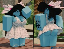 1girls 3d big_ass big_breasts blue_skin bluerr34 clothed dress hat original_character roblox robloxian shiram striped_panties sun_hat tagme tattoo tattooed_arm vertical-striped_panties