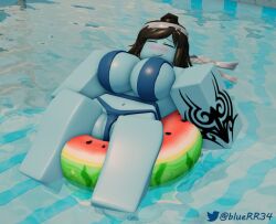 1girls 3d big_ass big_breasts blue_skin bluerr34 original_character pool roblox robloxian shiram summer swimsuit tagme tattoo tattooed_arm twitter_username