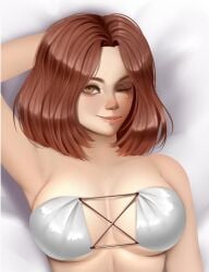 big_breasts bikini_top bra brown_hair cleavage didi_esmeralda elden_ring facial_mark facial_tattoo female female_only fromsoftware hand_on_head looking_at_viewer medium_hair melina_(elden_ring) one_eye_closed smile solo strapless strapless_bikini strapless_bra upper_body white_bikini white_bra yellow_eyes