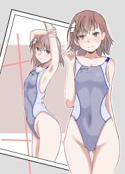 1girls 2021 absurd_res armpits arms_up ass_visible_through_thighs breasts brown_hair collarbone comic comic_page competition_swimsuit covered_navel cowboy_shot flower gluteal_fold grey_background grey_swimsuit hair_flower hair_ornament hair_twirling looking_at_viewer misaka_mikoto navel niea one-piece_swimsuit short_hair small_breasts solo solo_female standing swimsuit teenage_girl teenager thigh_gap to_aru_kagaku_no_railgun to_aru_majutsu_no_index tokiwadai_school_swimsuit white_flower young