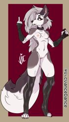 absurd_res breasts canid canid_demon cellphone clothing collar demon female fur hellhound helluva_boss hi_res legwear loona_(helluva_boss) mammal nipples nude phone solo tagme thigh_highs vicvance white_body white_fur