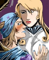 1boy 1girls blonde_hair blue_eyes blue_lipstick blush breasts breasts_out embarrassed_male funny_valentine genderswap_(mtf) johnny_joestar jojo's_bizarre_adventure rule_63 steel_ball_run