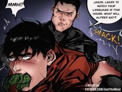 batman batman_(series) bruce_wayne dc dc_comics dialogue dilf gagged gay jason_todd justice_league justthemeat/meat2go kinktober male male/male male_only panties_in_mouth panty_gag punishment red_hood_(dc) spank spanking teen_boy yaoi