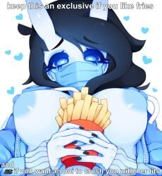 ahegaokami black_nails blue_eyes blue_jacket blue_skin female french_fries fries heart-shaped_pupils horns mask oni oni_horns original pale_skin spooky_(ahegaokami)