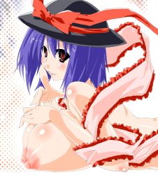 a-isan blush erect_nipples female hat huge_breasts iku_nagae parted_lips purple_hair red_eyes short_hair solo touhou