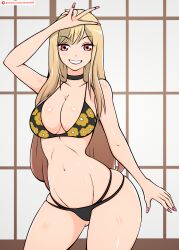 1girls absurd_res big_breasts bikini blonde_hair breasts choker eye_contact female gyaru highres kitagawa_marin looking_at_viewer narrow_shoulders red_eyes smile solo sono_bisque_doll_wa_koi_wo_suru standing thick_thighs thin_arms thin_waist wide_hips zonen404