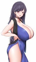 1girls bakunyuu bangs black_choker black_hair black_sash blank_background blue_dress blush blushing_at_viewer breasts bursting_breasts choker cleavage collarbone contrapposto curvaceous dot_nose dress enormous_breasts eye_contact eyebrows_visible_through_hair female_focus from_side hand_on_hip hi_res high_resolution highres hourglass_figure huge_breasts impossible_opening long_hair looking_at_viewer massive_breasts open_mouth original pelvic_curtain plain_background purple_dress red_eyes sash seductive seductive_eyes seductive_look side_slit sideboob simple_background single_female single_girl skeb_commission sleeveless sleeveless_dress solo solo_female standing suggestive_look suggestive_pose suruga_(xsurugax) thighs voluptuous white_background