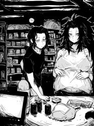 1boy 1girls alternate_costume bacon big_breasts blush bra_visible_through_clothes condom_box demon_slayer drinks female genderswap_(mtf) hands_on_belly kimetsu_no_yaiba kkku_gt long_hair looking_at_viewer male michikatsu_tsugikuni monochrome muzan_kibutsuji ponytail pov pregnant rule_63 spiky_hair store sweat