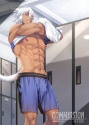 1boy abs absurdres animal_ears cat_ears cat_tail clothed clothing final_fantasy final_fantasy_xiv highres kurohitsuji_lim locker locker_room looking_at_viewer looking_down looking_down_at_viewer low-angle_view male male_focus male_only manboobs miqo'te muscular muscular_male nipples pecs shorts solo tail undressing white_hair