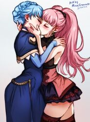 2girls armpits artist_name ass bare_arms bare_thighs blue_dress blue_hair blue_nails blush braid breasts circlet closed_eyes crown_braid dated dress earrings eyelashes female female_only fire_emblem fire_emblem:_three_houses hand_on_another's_face hand_on_another's_shoulder hilda_valentine_goneril holding_head jewelry kiss kissing light_blue_hair long_hair marianne_von_edmund minacream multiple_girls nail_polish nintendo pink_hair pink_nails ponytail sideboob skirt thighhighs thighs wide_hips yuri zettai_ryouiki