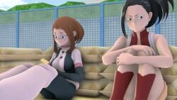 2girls 3d animated ass ass_focus ass_shake ass_up bare_shoulders big_breasts black_hair blush boots breasts brown_hair bubble_ass bubble_butt cleavage clothed clothing constipation duo duo_focus ear_piercing earrings eyebrows_visible_through_hair eyelashes eyewear fart fetishtrash funny light-skinned_female momo_yaoyorozu my_hero_academia ochako_uraraka ochako_uraraka_(hero_outfit) pained_expression smelly sound source_filmmaker suprised tagme thighs tight_clothing tight_fit video