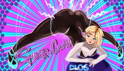 1girls ass_up big_ass blue_eyes bodysuit dl06 eyebrow_piercing footwear ghost-spider gwen_stacy gwen_stacy_(spider-verse) jack-o_pose marvel mouth_open shaved_side small_breasts smell spider-gwen spider-man:_into_the_spider-verse spider-man_(series) web yellow_hair