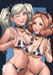 2girls ann_takamaki blonde_hair blush brown_hair cow_horns cow_print cow_print_bikini female female_focus female_only haru_okumura multiple_girls persona persona_5 razillon short_hair