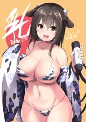 animal_ears animal_print bangs bikini breasts brown_eyes brown_hair chinese_zodiac cleavage collarbone commentary_request cow_bikini cow_ears cow_girl cow_horns cow_print cowboy_shot curvy dated eyebrows_visible_through_hair female fingernails grin horns japanese_clothes kimono large_breasts looking_at_viewer medium_hair milking_machine navel original sakuramon sidelocks smile solo swimsuit thighs year_of_the_ox yoshikawa_hideaki