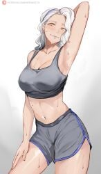 armpits breasts dolphin_shorts female female_only light-skinned_female light_skin margaret_(persona) nero_watch persona persona_4 shin_megami_tensei sports_bra sportswear sweat sweaty_body sweaty_thighs thighs white_hair