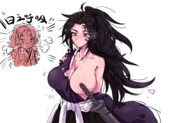 1boy 1girls big_breasts black_hair blush cleavage convenient_censoring covered_nipples demon_slayer facial_markings female female_focus genderswap_(mtf) huge_breasts japanese_clothes kimetsu_no_yaiba kkku_gt long_hair looking_at_viewer michikatsu_tsugikuni no_bra off_shoulder one_breast_out ponytail rule_63 samurai siblings spiky_hair torn_clothes very_long_hair yoriichi_tsugikuni