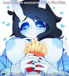 ahegaokami black_nails blue_eyes blue_jacket blue_skin female french_fries fries heart-shaped_pupils horns oni oni_horns original pale_skin spooky_(ahegaokami)