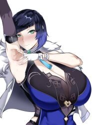 1girls absurd_res aqua_eyes armpit_spread armpits armwear big_breasts blue_eyes blue_hair blush breasts clothed_female eye_contact female female_focus female_only fully_clothed genshin_impact high_resolution huge_breasts looking_at_viewer owner_(artist) short_hair simple_background smile solo spread_armpit white_background yelan_(genshin_impact)