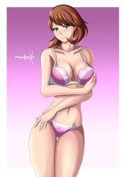 1girls atlus blush bra breasts brown_eyes brown_hair clothing female female_only legs_together matching_underwear panties persona persona_3 pink_bra pink_panties short_hair solo sonicheroxd underwear yukari_takeba