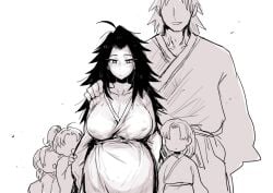 1girls big_breasts cleavage demon_slayer family female female_focus fully_clothed genderswap_(mtf) hand_on_another's_shoulder isakmaleball japanese_clothes kimetsu_no_yaiba kimono kkku_gt long_hair looking_at_viewer milf monochrome nipple_bulge no_bra ponytail pregnant rule_63 solo_focus spiky_hair