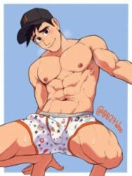 0027woo 1boy big_hero_6 bulge erection_under_clothes hat innocent_smile legs_apart looking_at_viewer male male_focus male_only manspreading marvel marvel_comics pubic_hair smiling smiling_at_viewer solo squatting sweat sweating tadashi_hamada underwear