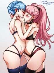 2girls armpits artist_name ass back bare_arms bare_back bare_thighs blue_dress blue_hair blue_nails blue_panties blush bra braid breasts circlet closed_eyes crown_braid dated dress earrings eyelashes female female_only fire_emblem fire_emblem:_three_houses hand_on_another's_face hand_on_another's_shoulder hilda_valentine_goneril holding_head hug jewelry kiss kissing light_blue_hair lingerie long_hair marianne_von_edmund minacream multiple_girls nail_polish nintendo panties pink_hair pink_nails pink_panties ponytail sideboob thick_thighs thighhighs thighs underwear underwear_only wide_hips yuri