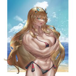 1girls abs absurdres bangs bare_shoulders barghest_(gawain)_(fate) beach biceps bikini black_bikini blonde_hair blue_sky blush breast_hold breasts cleavage collarbone crossed_arms fate/grand_order fate_(series) female heterochromia highres horns large_breasts long_hair looking_at_viewer muscular_female navel open_mouth red_bikini shore sky solo striped striped_bikini swimsuit the_freeman thick_thighs thighs