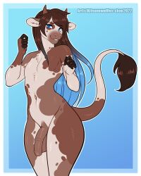 1boy 2022 anthro blue_background blue_eyes blue_hair border bovid bovine brown_body brown_fur brown_hair cattle curvy_figure dated digital_media_(artwork) femboy flaccid fur genitals girly gradient_background gradient_hair hair horn hourglass_figure kitsunewaffles-chan long_hair looking_at_viewer male male_only mammal navel penis portrait shaded simple_background small_waist solo standing tail_tuft tan_body tan_fur three-quarter_portrait tuft white_border