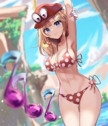 bikini blonde_hair blue_eyes body_takeover breasts busty cappy_(mario) cleavage dayshiart female genderswap_(mtf) hololive hololive_english hololive_myth mario mario_(series) navel polka_dot polka_dot_bikini possession rule_63 super_mario_odyssey swimsuit virtual_youtuber watson_amelia